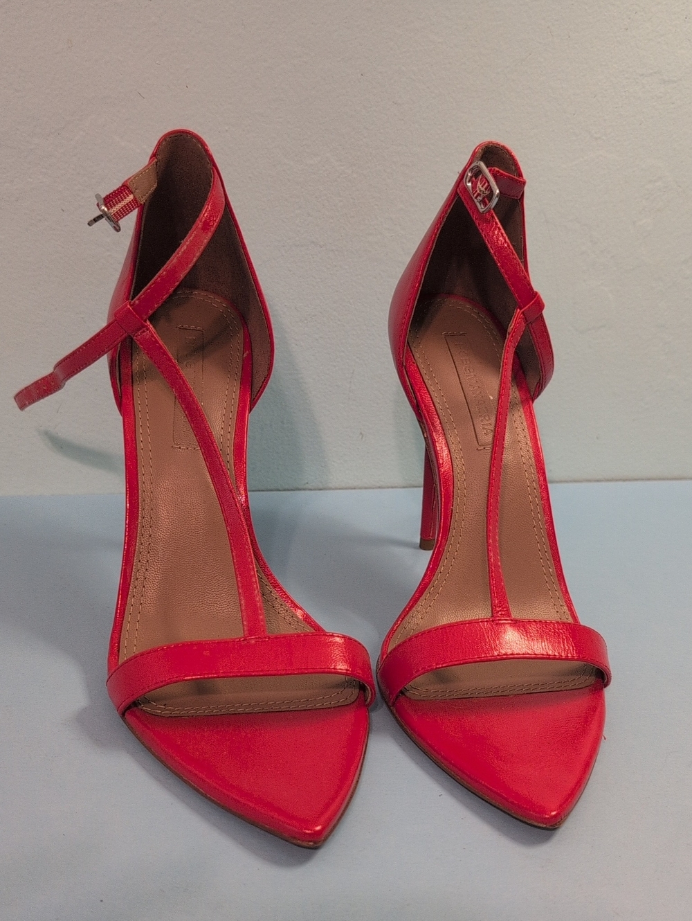 BCBG, Leather Red Pointed-Toe T-Strap Heels, Size 10
